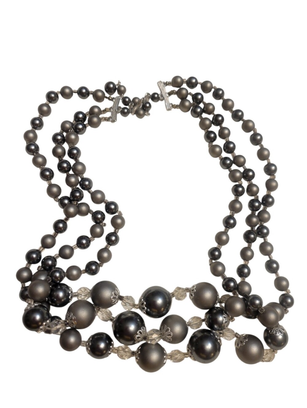 Vintage Three-Strand Grey Faux Pearl Necklace Marked Japan - Picture 4 of 7